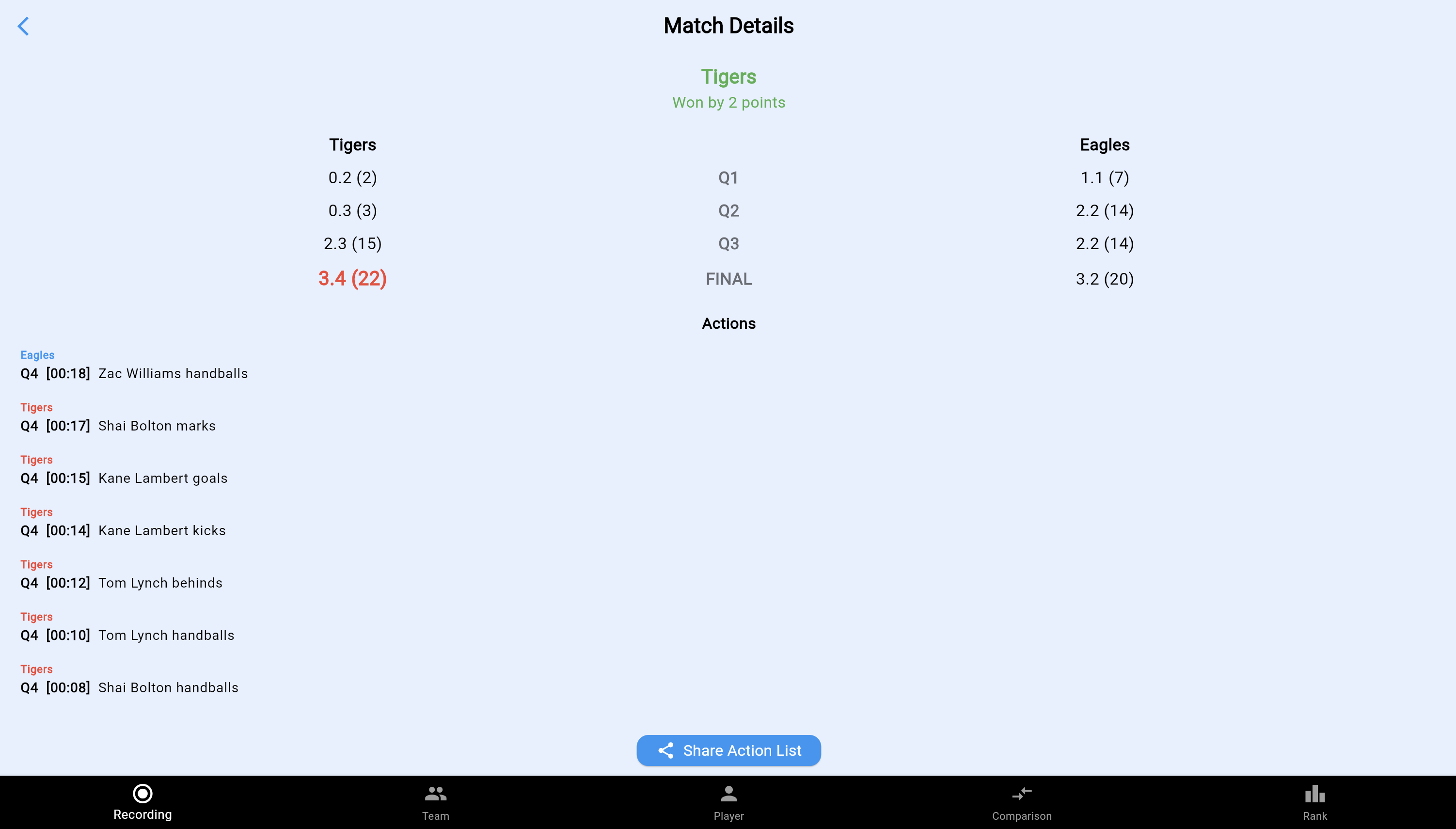 AFL Stats Recording App